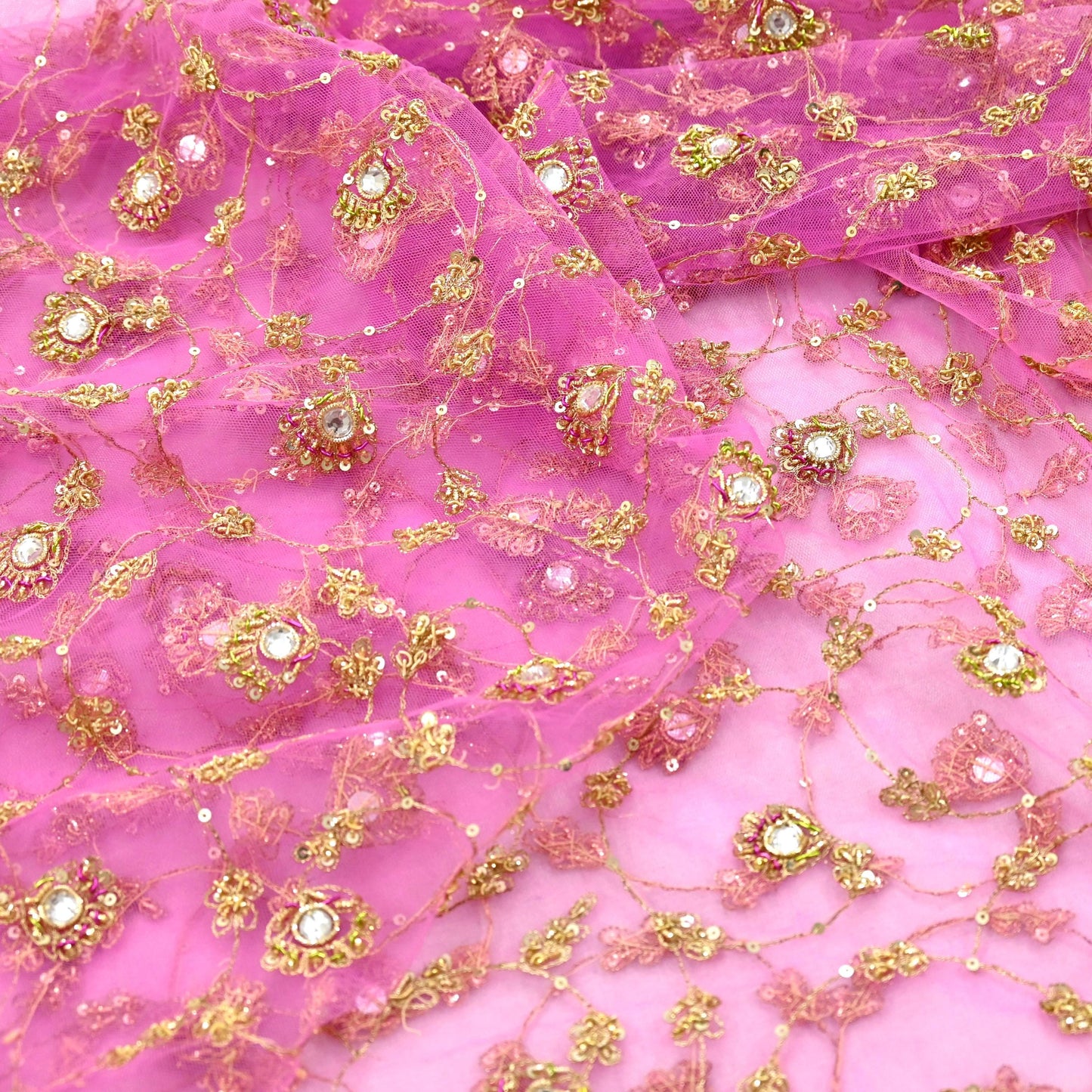 Indian Vintage Heavy Bridal Dupatta Pink & yellow Net Mesh Long Stole Hand Embroidered Scarves Sequins Glass Bead Wedding veil Wrap Boho