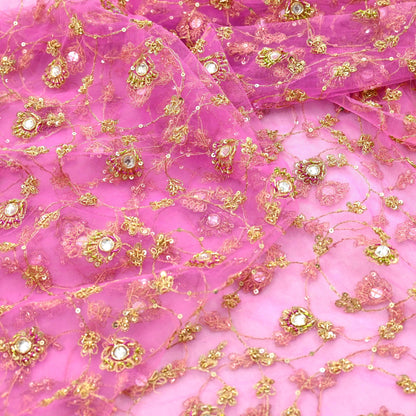 Indian Vintage Heavy Bridal Dupatta Pink & yellow Net Mesh Long Stole Hand Embroidered Scarves Sequins Glass Bead Wedding veil Wrap Boho