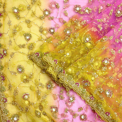 Indian Vintage Heavy Bridal Dupatta Pink & yellow Net Mesh Long Stole Hand Embroidered Scarves Sequins Glass Bead Wedding veil Wrap Boho
