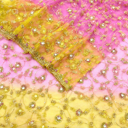 Indian Vintage Heavy Bridal Dupatta Pink & yellow Net Mesh Long Stole Hand Embroidered Scarves Sequins Glass Bead Wedding veil Wrap Boho
