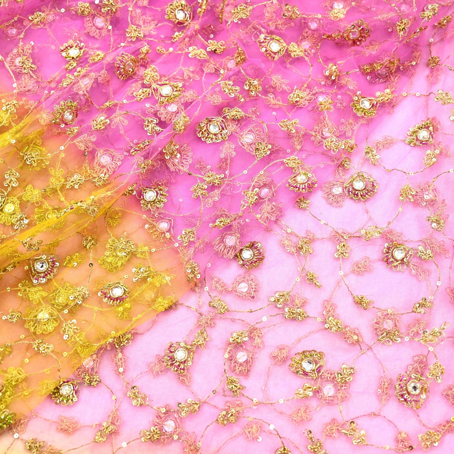 Indian Vintage Heavy Bridal Dupatta Pink & yellow Net Mesh Long Stole Hand Embroidered Scarves Sequins Glass Bead Wedding veil Wrap Boho