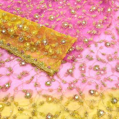 Indian Vintage Heavy Bridal Dupatta Pink & yellow Net Mesh Long Stole Hand Embroidered Scarves Sequins Glass Bead Wedding veil Wrap Boho