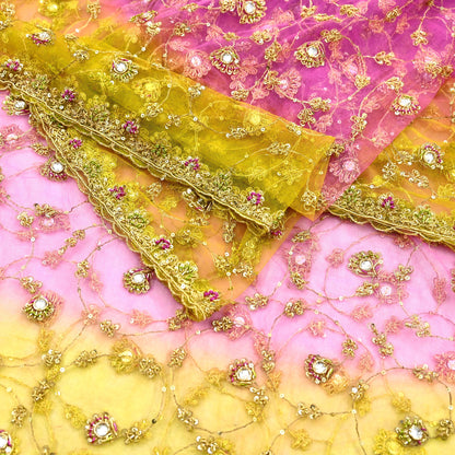 Indian Vintage Heavy Bridal Dupatta Pink & yellow Net Mesh Long Stole Hand Embroidered Scarves Sequins Glass Bead Wedding veil Wrap Boho