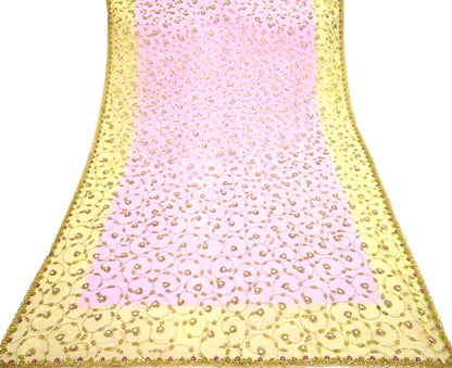 Indian Vintage Heavy Bridal Dupatta Pink & yellow Net Mesh Long Stole Hand Embroidered Scarves Sequins Glass Bead Wedding veil Wrap Boho