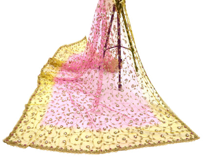 Indian Vintage Heavy Bridal Dupatta Pink & yellow Net Mesh Long Stole Hand Embroidered Scarves Sequins Glass Bead Wedding veil Wrap Boho