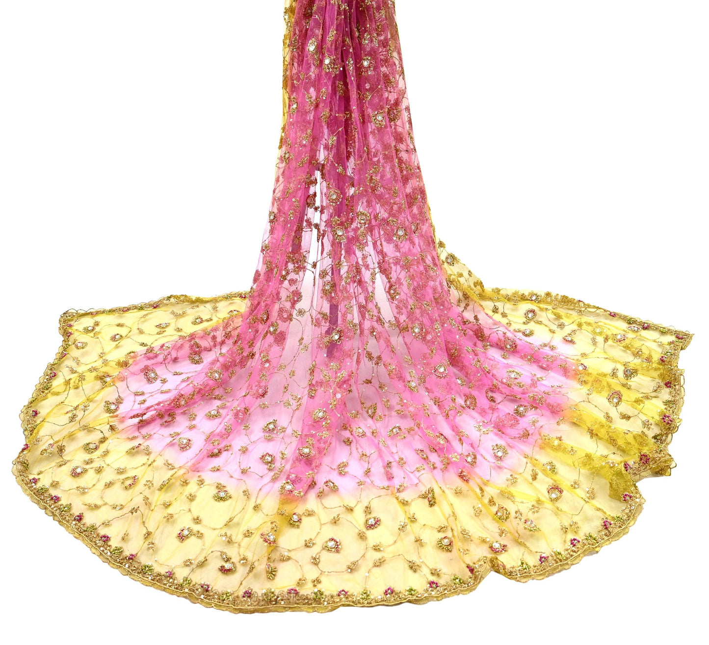 Indian Vintage Heavy Bridal Dupatta Pink & yellow Net Mesh Long Stole Hand Embroidered Scarves Sequins Glass Bead Wedding veil Wrap Boho