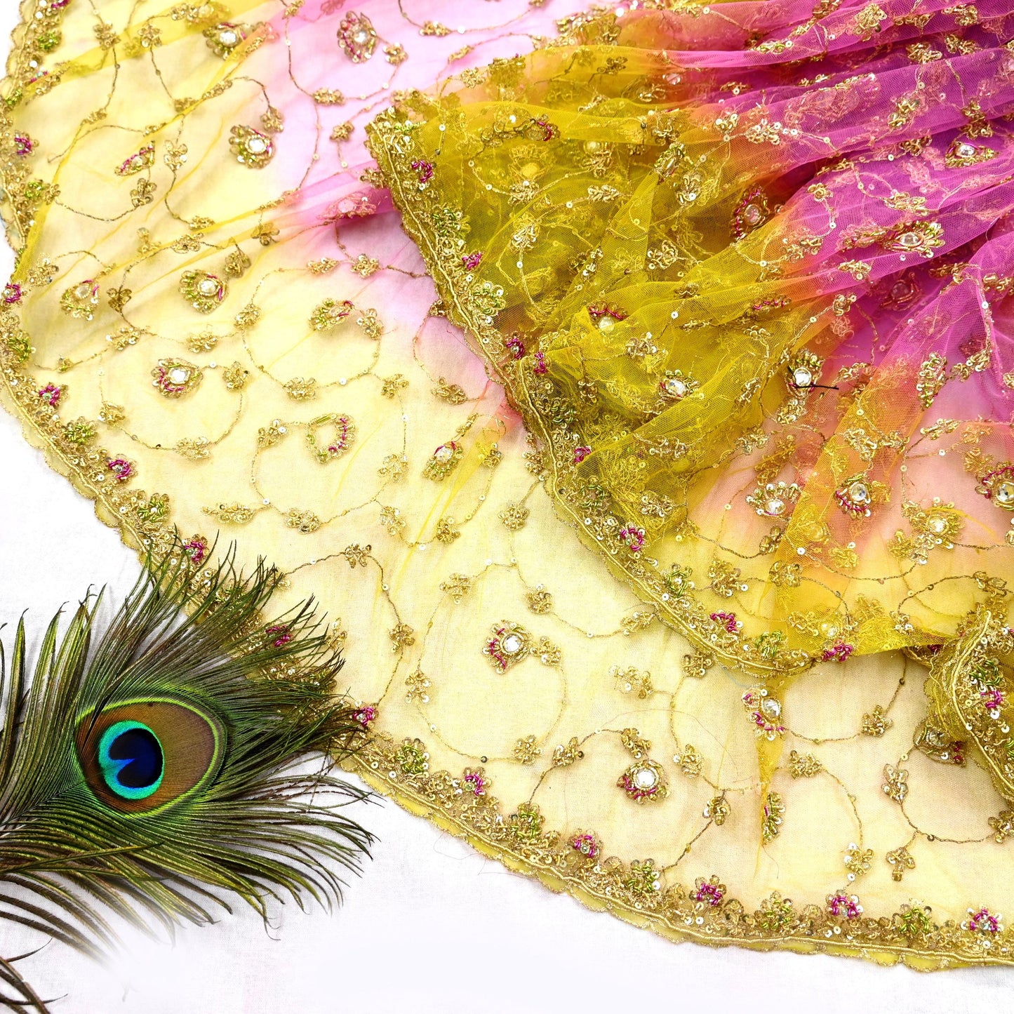 Indian Vintage Heavy Bridal Dupatta Pink & yellow Net Mesh Long Stole Hand Embroidered Scarves Sequins Glass Bead Wedding veil Wrap Boho