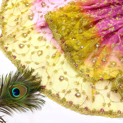 Indian Vintage Heavy Bridal Dupatta Pink & yellow Net Mesh Long Stole Hand Embroidered Scarves Sequins Glass Bead Wedding veil Wrap Boho