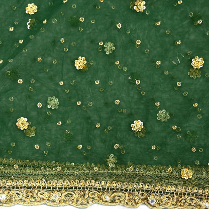 Indian Vintage Heavy Bottle Green Dupatta Net Mesh Long Stole Hand Embroidered Scarves Golden Zardozi Zari Sequins