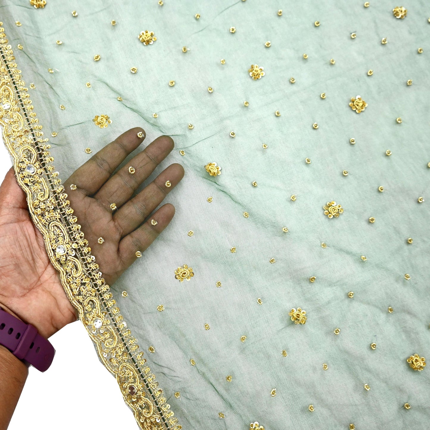 Indian Vintage Heavy Bottle Green Dupatta Net Mesh Long Stole Hand Embroidered Scarves Golden Zardozi Zari Sequins