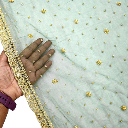 Indian Vintage Heavy Bottle Green Dupatta Net Mesh Long Stole Hand Embroidered Scarves Golden Zardozi Zari Sequins