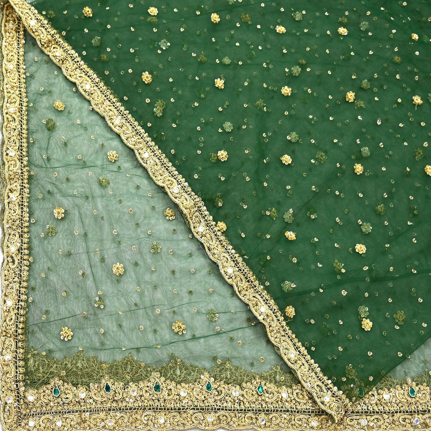 Indian Vintage Heavy Bottle Green Dupatta Net Mesh Long Stole Hand Embroidered Scarves Golden Zardozi Zari Sequins