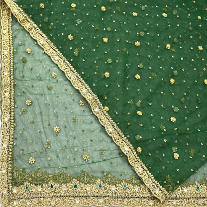 Indian Vintage Heavy Bottle Green Dupatta Net Mesh Long Stole Hand Embroidered Scarves Golden Zardozi Zari Sequins