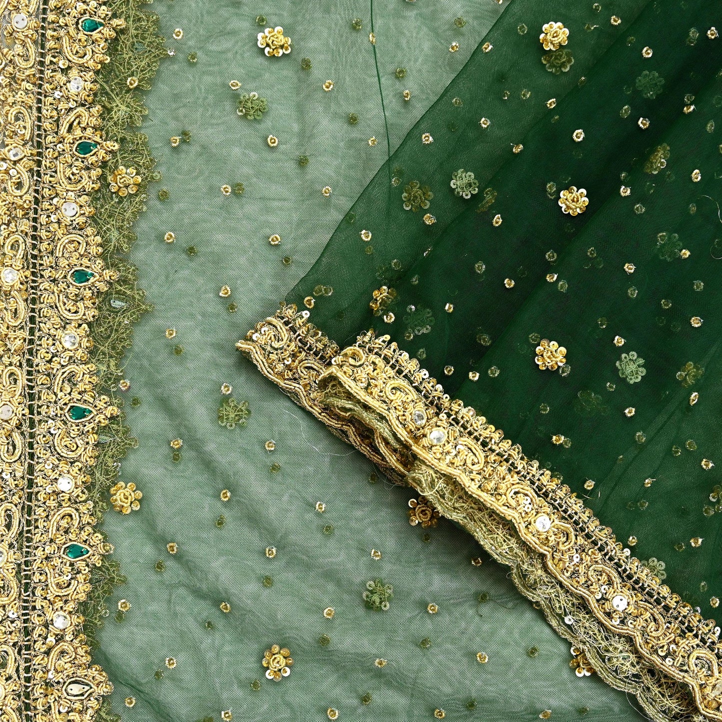 Indian Vintage Heavy Bottle Green Dupatta Net Mesh Long Stole Hand Embroidered Scarves Golden Zardozi Zari Sequins