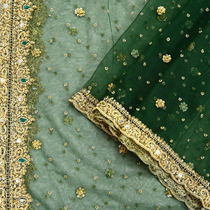 Indian Vintage Heavy Bottle Green Dupatta Net Mesh Long Stole Hand Embroidered Scarves Golden Zardozi Zari Sequins