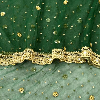 Indian Vintage Heavy Bottle Green Dupatta Net Mesh Long Stole Hand Embroidered Scarves Golden Zardozi Zari Sequins