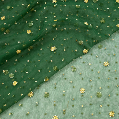 Indian Vintage Heavy Bottle Green Dupatta Net Mesh Long Stole Hand Embroidered Scarves Golden Zardozi Zari Sequins