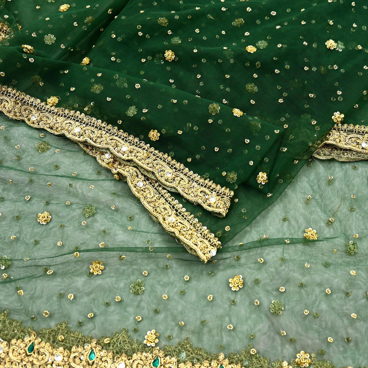 Indian Vintage Heavy Bottle Green Dupatta Net Mesh Long Stole Hand Embroidered Scarves Golden Zardozi Zari Sequins