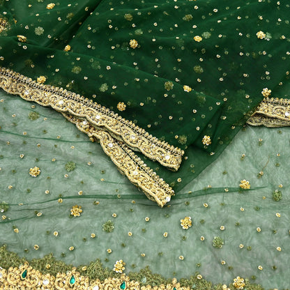 Indian Vintage Heavy Bottle Green Dupatta Net Mesh Long Stole Hand Embroidered Scarves Golden Zardozi Zari Sequins