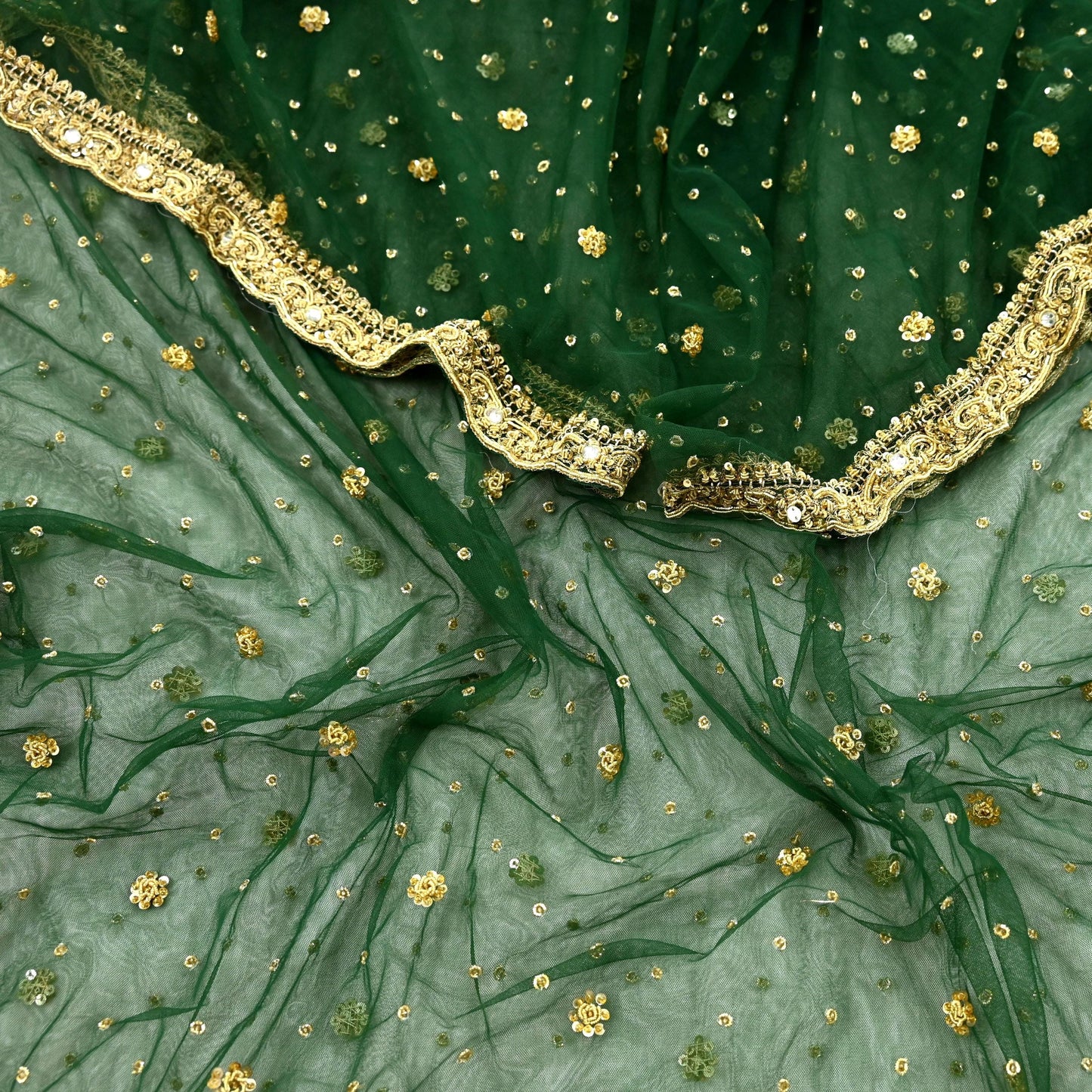 Indian Vintage Heavy Bottle Green Dupatta Net Mesh Long Stole Hand Embroidered Scarves Golden Zardozi Zari Sequins