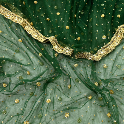 Indian Vintage Heavy Bottle Green Dupatta Net Mesh Long Stole Hand Embroidered Scarves Golden Zardozi Zari Sequins