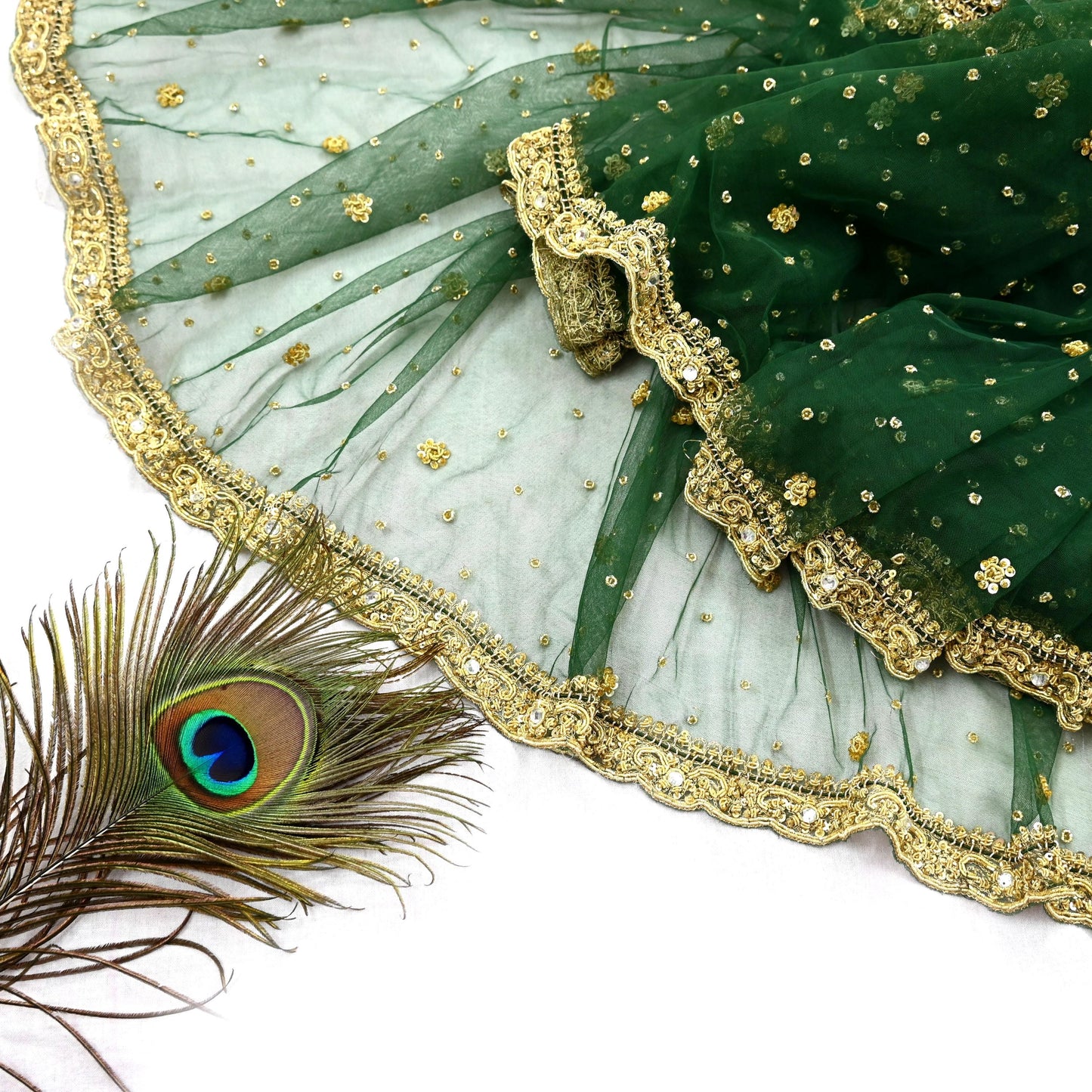 Indian Vintage Heavy Bottle Green Dupatta Net Mesh Long Stole Hand Embroidered Scarves Golden Zardozi Zari Sequins