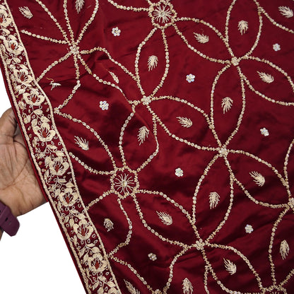 Indian Vintage Heavy Wedding Maroon Dupatta Pure Satin Silk Long Stole Hand Embroidered Scarves Golden Zardozi Bridal Veil