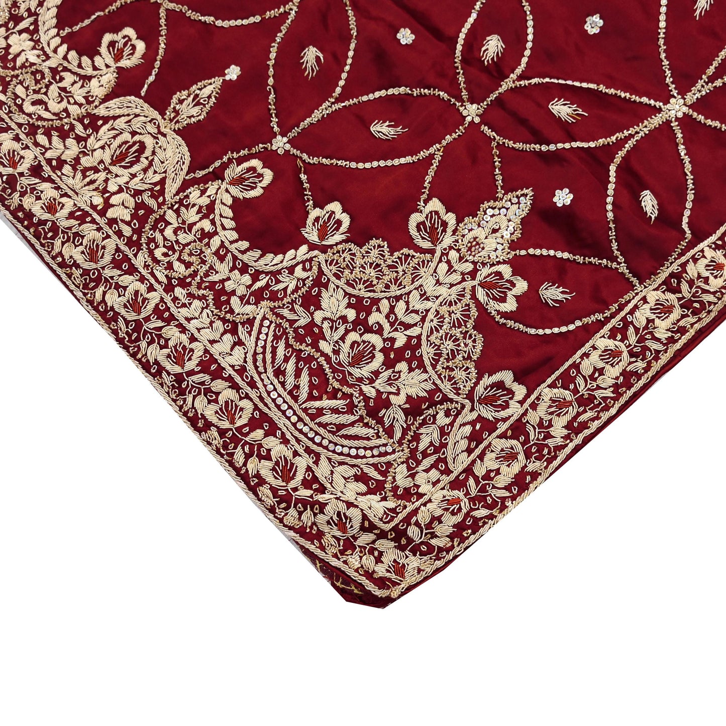 Indian Vintage Heavy Wedding Maroon Dupatta Pure Satin Silk Long Stole Hand Embroidered Scarves Golden Zardozi Bridal Veil