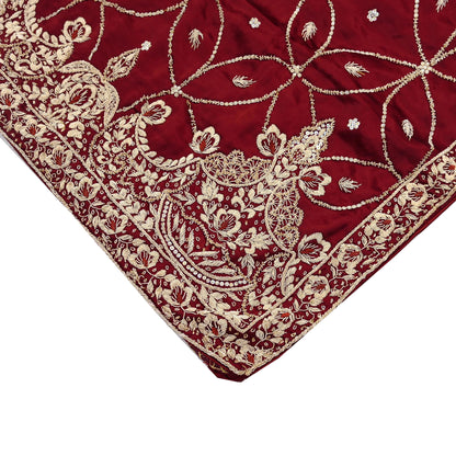 Indian Vintage Heavy Wedding Maroon Dupatta Pure Satin Silk Long Stole Hand Embroidered Scarves Golden Zardozi Bridal Veil
