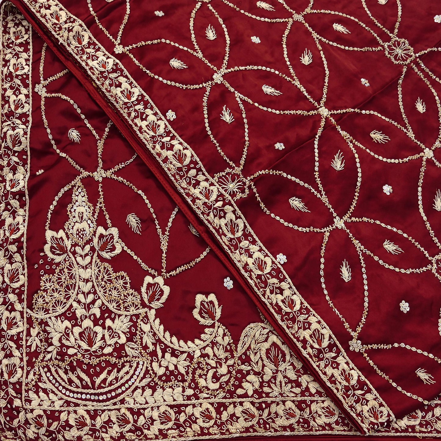 Indian Vintage Heavy Wedding Maroon Dupatta Pure Satin Silk Long Stole Hand Embroidered Scarves Golden Zardozi Bridal Veil