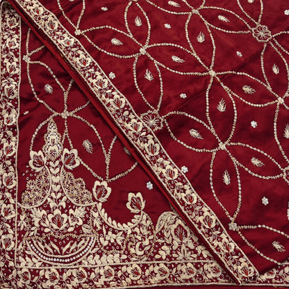 Indian Vintage Heavy Wedding Maroon Dupatta Pure Satin Silk Long Stole Hand Embroidered Scarves Golden Zardozi Bridal Veil