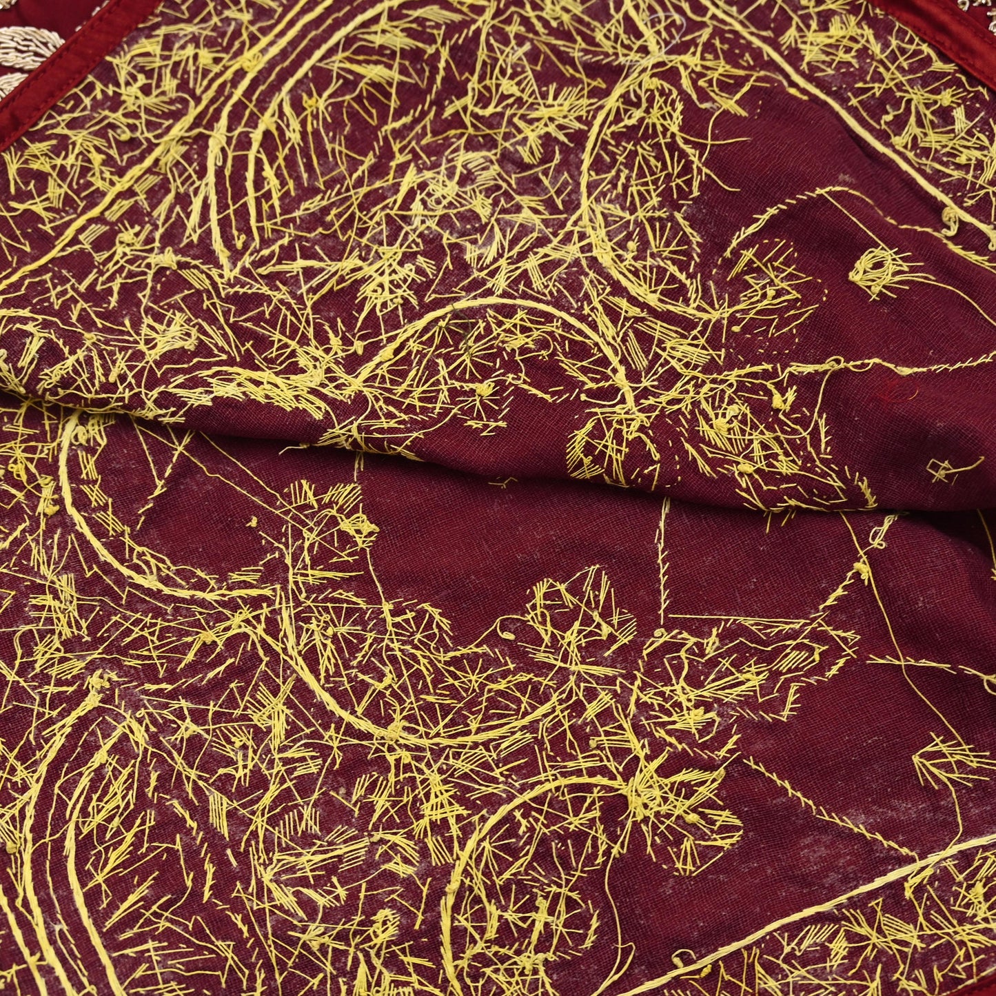 Indian Vintage Heavy Wedding Maroon Dupatta Pure Satin Silk Long Stole Hand Embroidered Scarves Golden Zardozi Bridal Veil