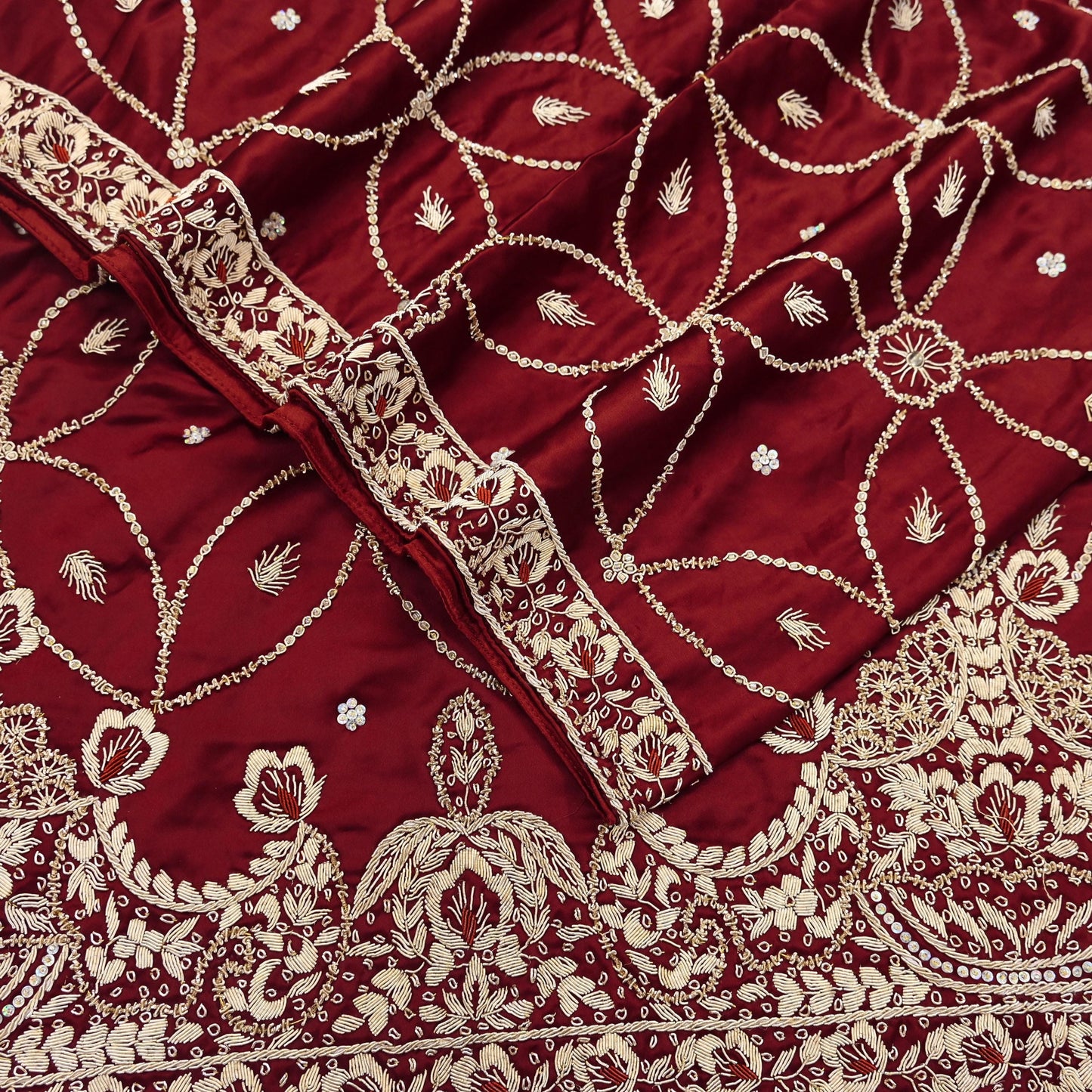 Indian Vintage Heavy Wedding Maroon Dupatta Pure Satin Silk Long Stole Hand Embroidered Scarves Golden Zardozi Bridal Veil