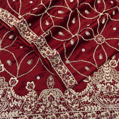 Indian Vintage Heavy Wedding Maroon Dupatta Pure Satin Silk Long Stole Hand Embroidered Scarves Golden Zardozi Bridal Veil