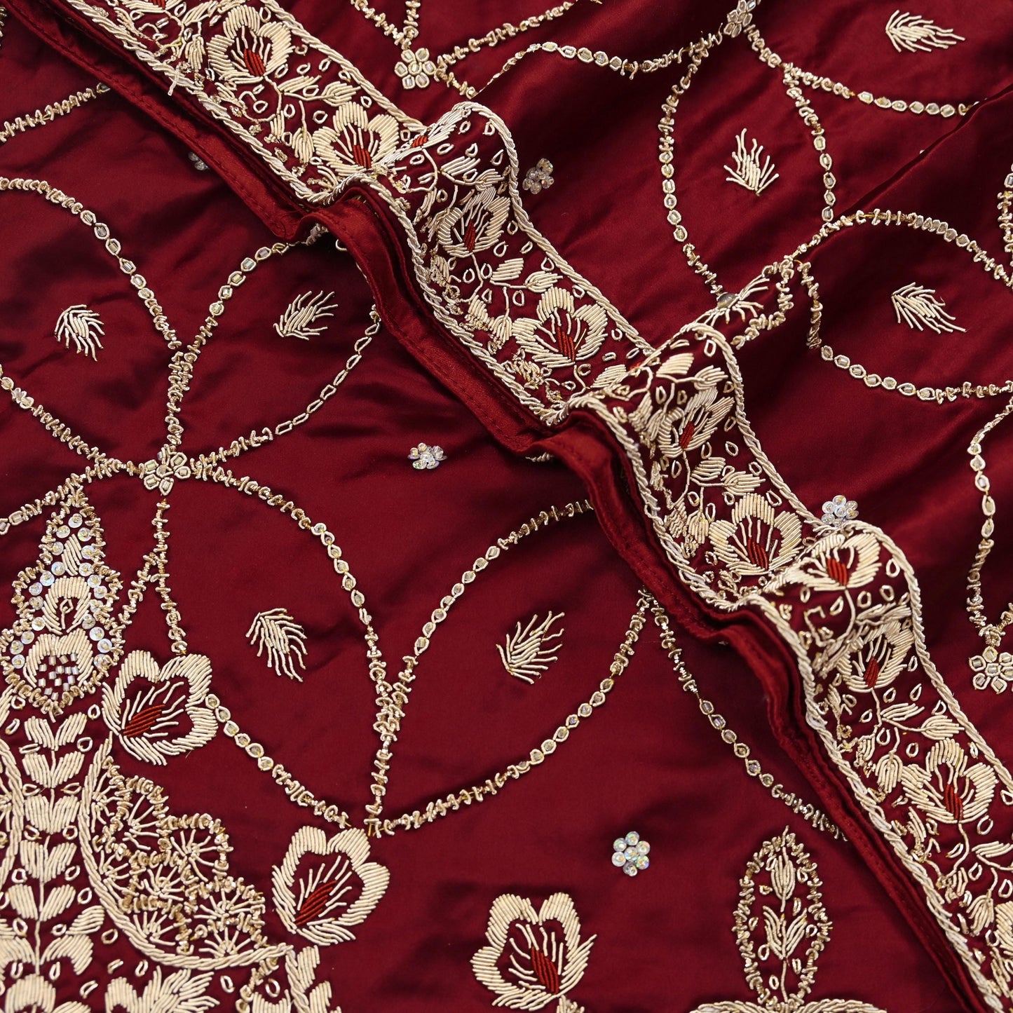 Indian Vintage Heavy Wedding Maroon Dupatta Pure Satin Silk Long Stole Hand Embroidered Scarves Golden Zardozi Bridal Veil