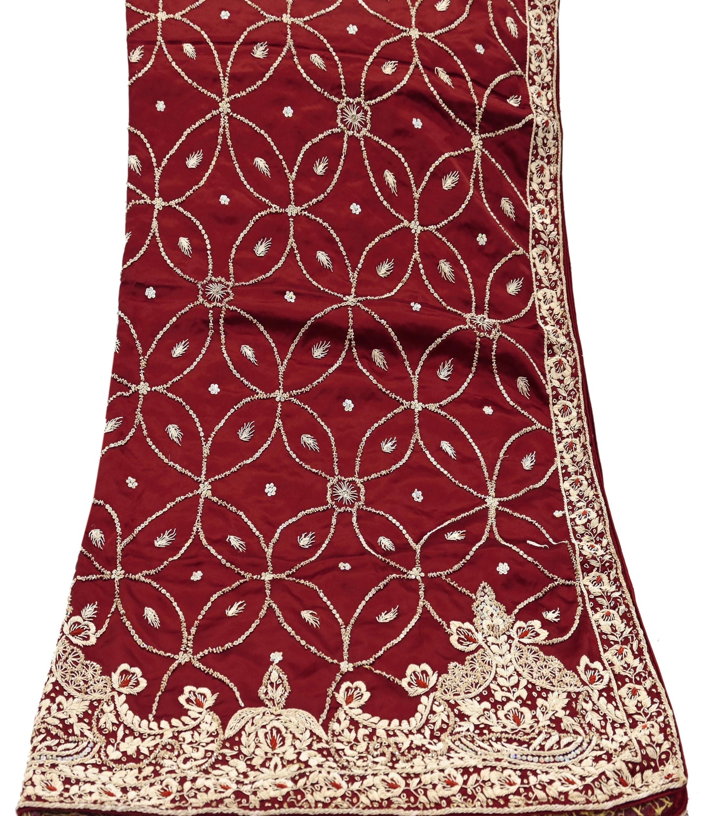 Indian Vintage Heavy Wedding Maroon Dupatta Pure Satin Silk Long Stole Hand Embroidered Scarves Golden Zardozi Bridal Veil