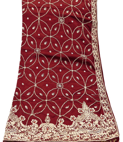 Indian Vintage Heavy Wedding Maroon Dupatta Pure Satin Silk Long Stole Hand Embroidered Scarves Golden Zardozi Bridal Veil