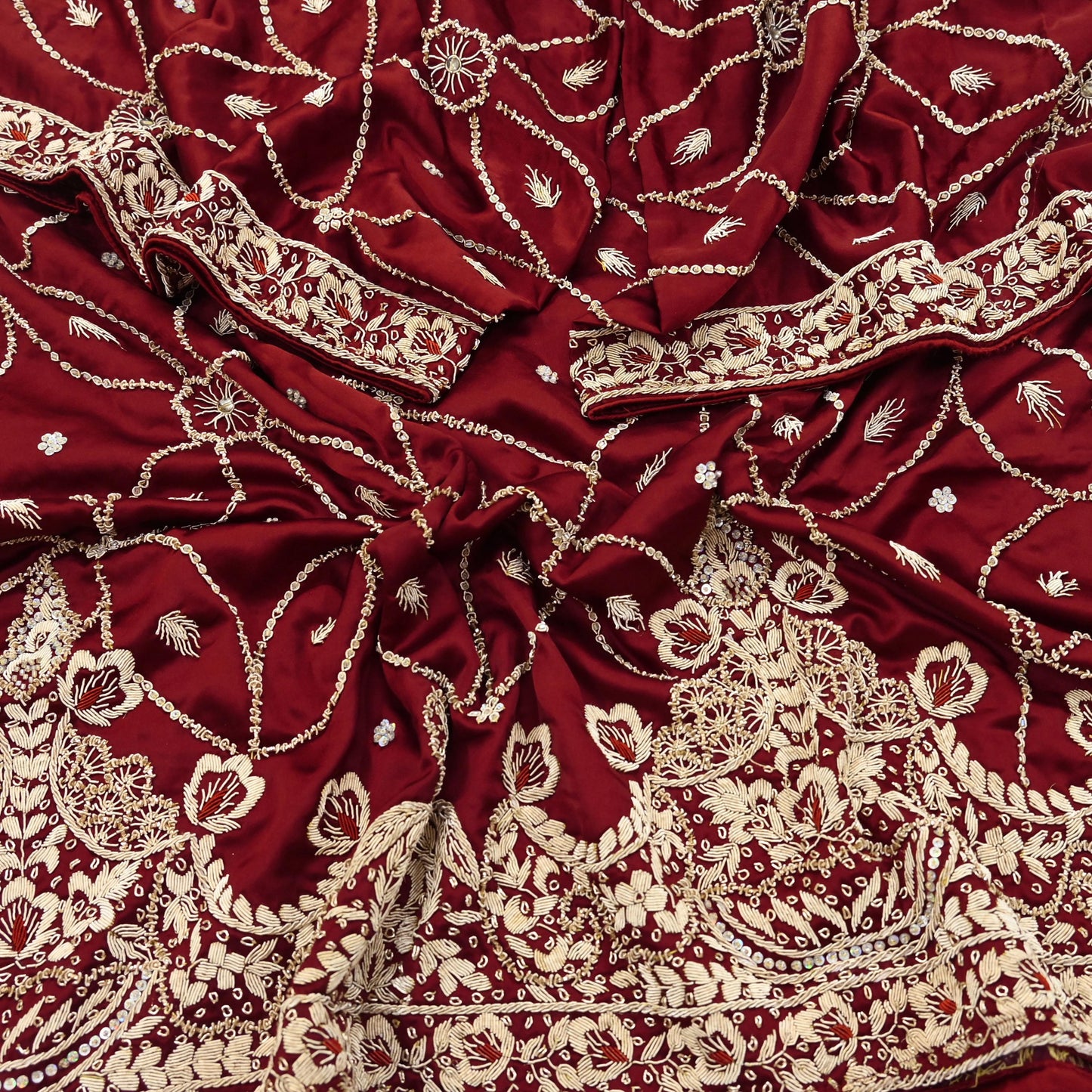 Indian Vintage Heavy Wedding Maroon Dupatta Pure Satin Silk Long Stole Hand Embroidered Scarves Golden Zardozi Bridal Veil