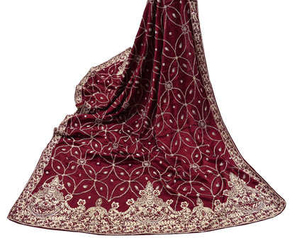 Indian Vintage Heavy Wedding Maroon Dupatta Pure Satin Silk Long Stole Hand Embroidered Scarves Golden Zardozi Bridal Veil