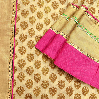 Indian Vintage Saree Beige Hand Woven Pure Silk Sari Craft Fabric 5Yd Ethnic Floral Golden Zari Dress making For Crafting Quilting