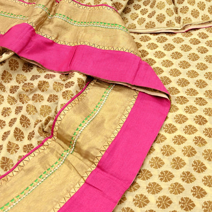Indian Vintage Saree Beige Hand Woven Pure Silk Sari Craft Fabric 5Yd Ethnic Floral Golden Zari Dress making For Crafting Quilting
