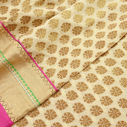Indian Vintage Saree Beige Hand Woven Pure Silk Sari Craft Fabric 5Yd Ethnic Floral Golden Zari Dress making For Crafting Quilting
