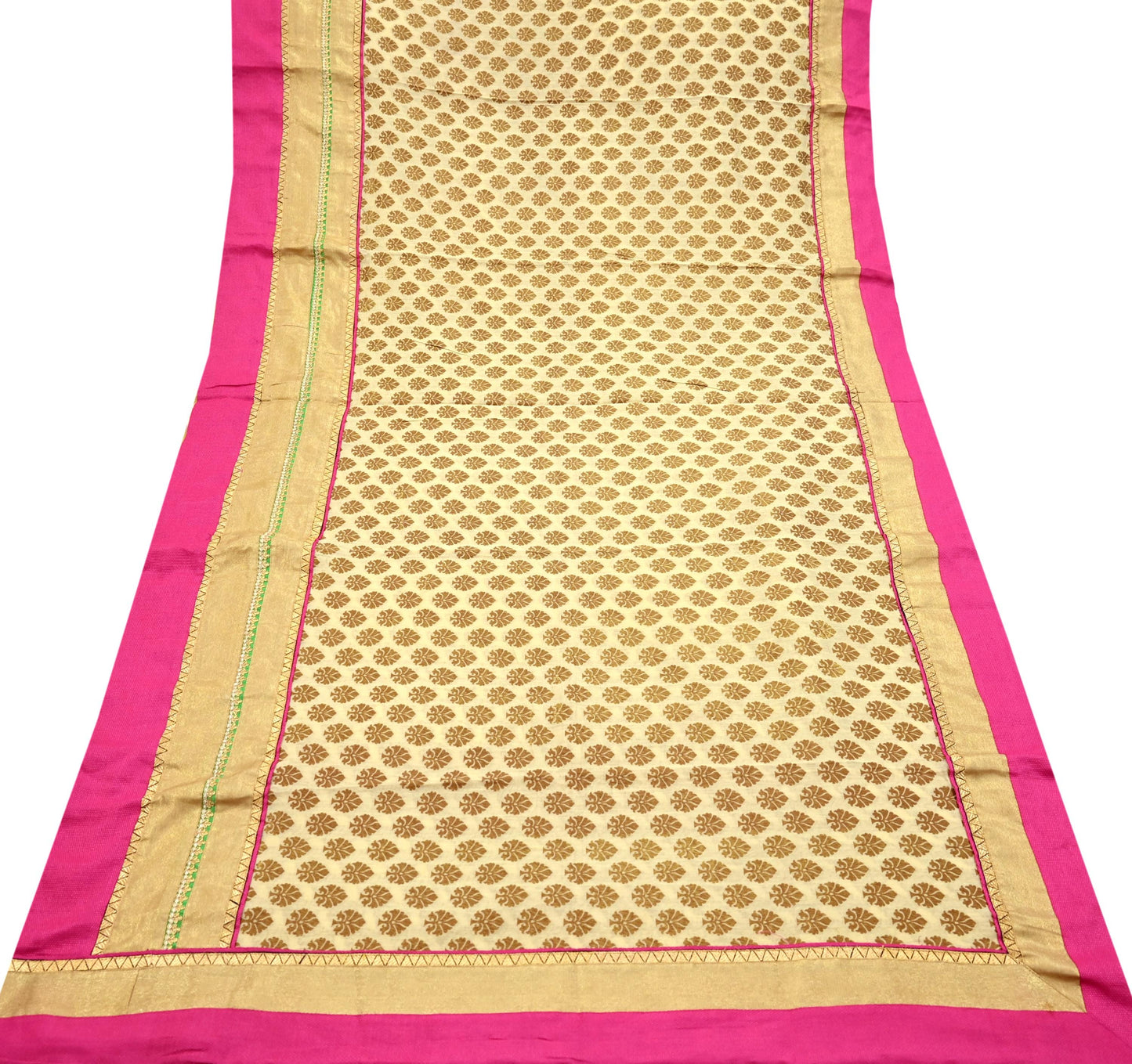 Indian Vintage Saree Beige Hand Woven Pure Silk Sari Craft Fabric 5Yd Ethnic Floral Golden Zari Dress making For Crafting Quilting