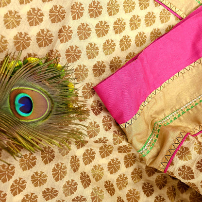 Indian Vintage Saree Beige Hand Woven Pure Silk Sari Craft Fabric 5Yd Ethnic Floral Golden Zari Dress making For Crafting Quilting