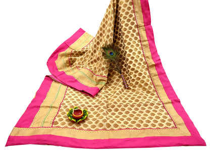 Indian Vintage Saree Beige Hand Woven Pure Silk Sari Craft Fabric 5Yd Ethnic Floral Golden Zari Dress making For Crafting Quilting