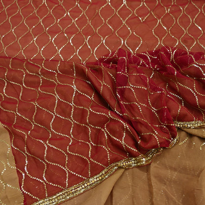 Indian Vintage Sari Rusty Orange & Beige Pure Georgette Silk/Net Hand Beaded Sarees Fabric 6Yd Sewing Ethnic Dress making Quilting Bollywood