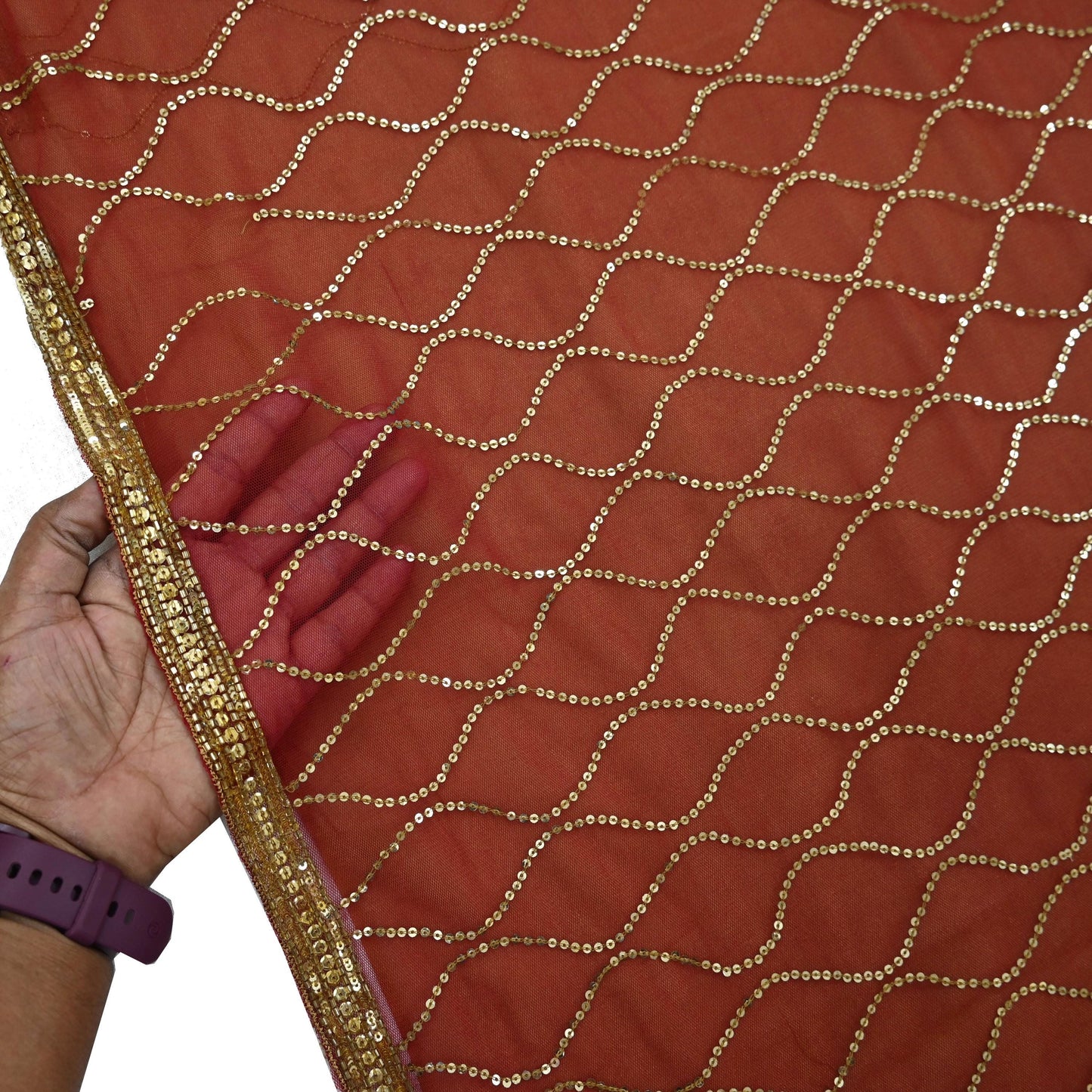 Indian Vintage Sari Rusty Orange & Beige Pure Georgette Silk/Net Hand Beaded Sarees Fabric 6Yd Sewing Ethnic Dress making Quilting Bollywood