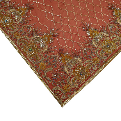 Indian Vintage Sari Rusty Orange & Beige Pure Georgette Silk/Net Hand Beaded Sarees Fabric 6Yd Sewing Ethnic Dress making Quilting Bollywood