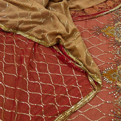 Indian Vintage Sari Rusty Orange & Beige Pure Georgette Silk/Net Hand Beaded Sarees Fabric 6Yd Sewing Ethnic Dress making Quilting Bollywood