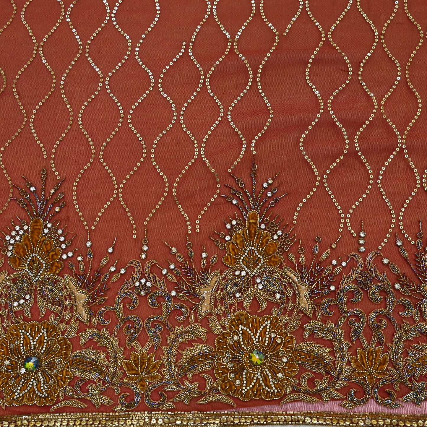 Indian Vintage Sari Rusty Orange & Beige Pure Georgette Silk/Net Hand Beaded Sarees Fabric 6Yd Sewing Ethnic Dress making Quilting Bollywood